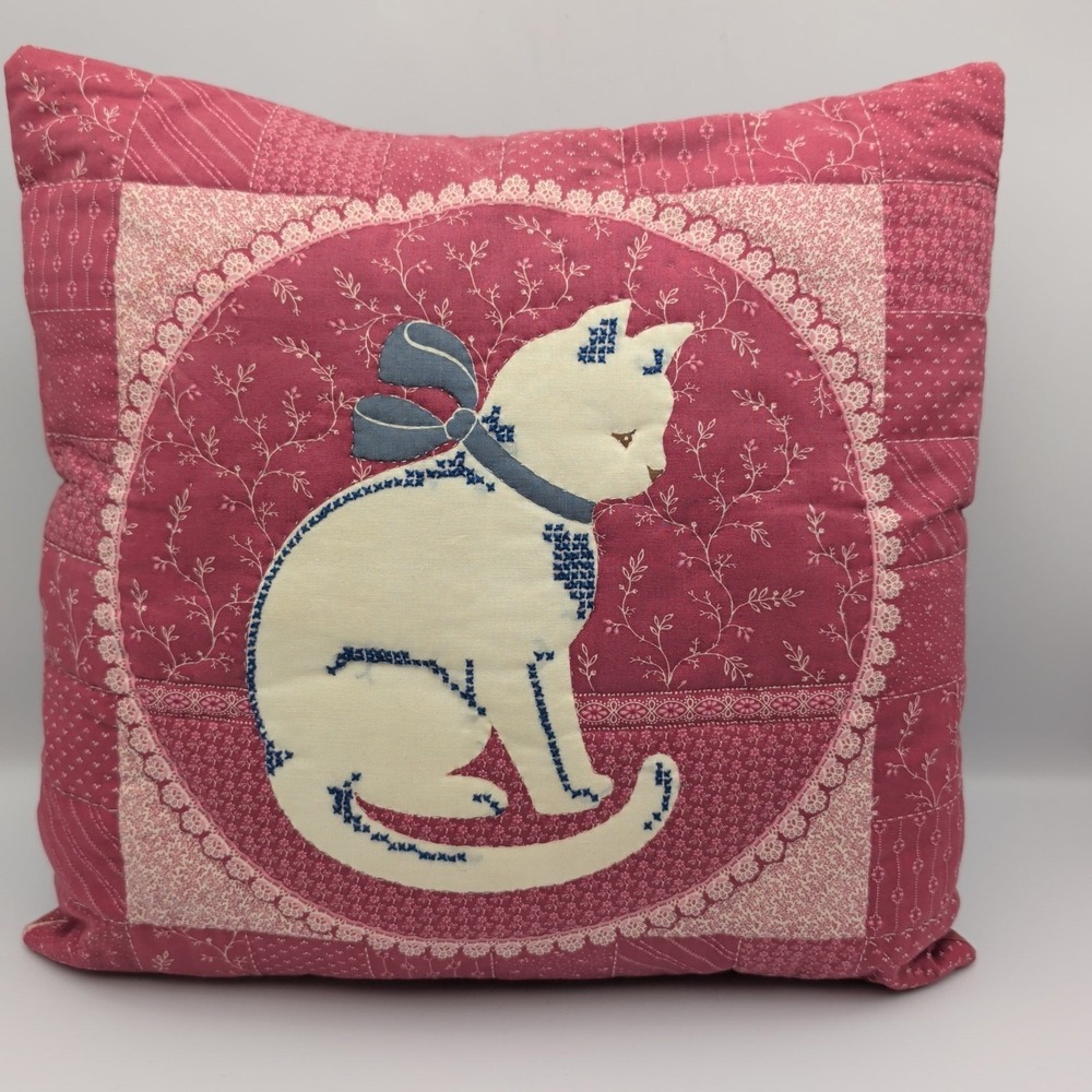 Vintage Grandmacore Handmade Cat Throw Pillow Kitten Pink Patchwork Cross Stitch